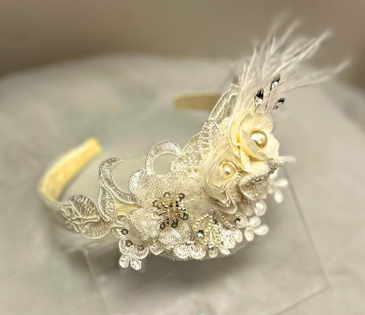 Ivory Headband w/Flowers/Feathers/Applique
