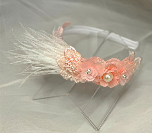 Satin Headband w/Flowers/Feathers