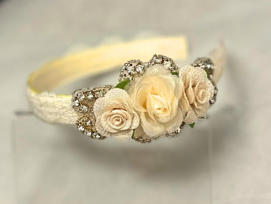 Ivory Headband w/Flowers/Rhinestone Applique