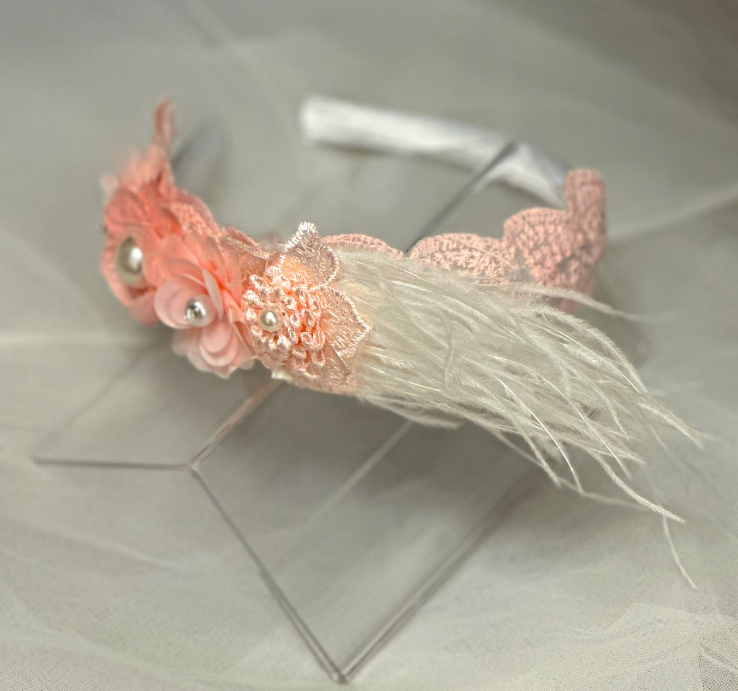 Satin Headband w/Flowers/Feathers