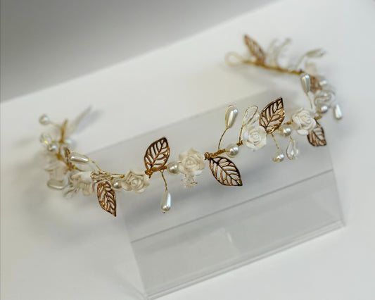 White Flowers/Gold Leaves Headband
