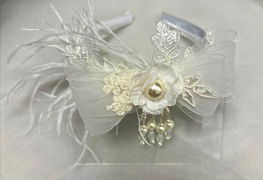 Satin Headband w/Sheer Bow/Beads/Feathers