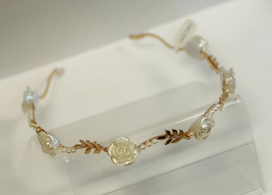 Gold Headband w/White Roses/Pearls