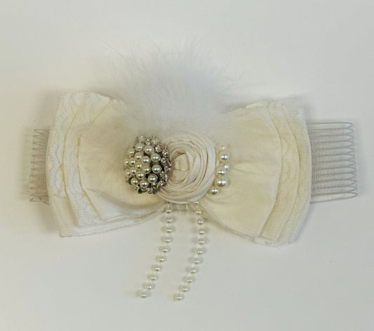 Ivory Silk Bow Headband w/Rose/Pearl/Rhinestone