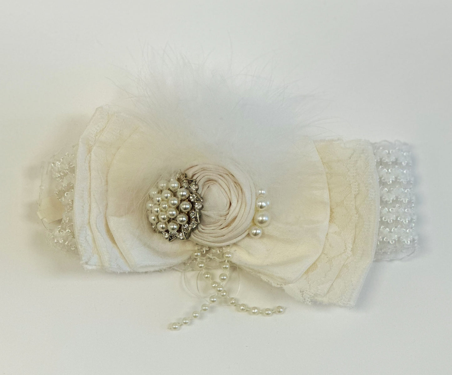 Ivory Silk Bow Headband w/Rose/Pearl/Rhinestone