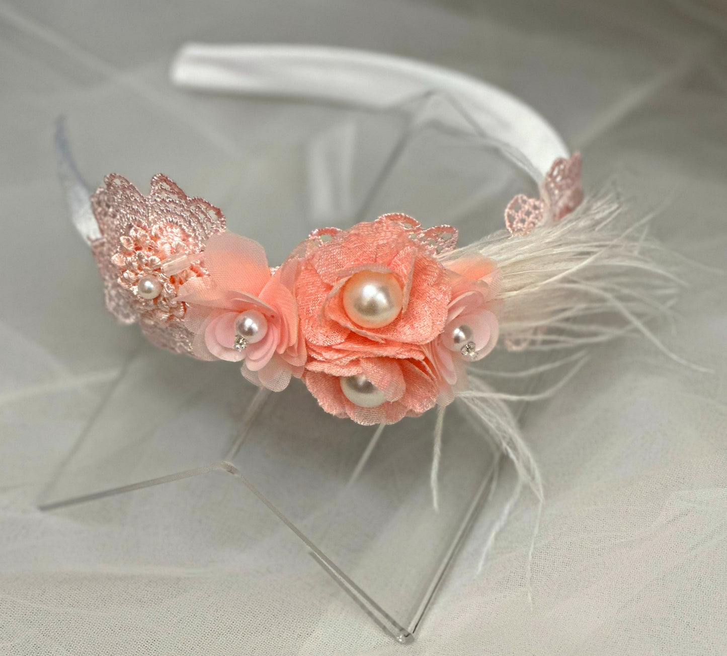 Satin Headband w/Flowers/Feathers