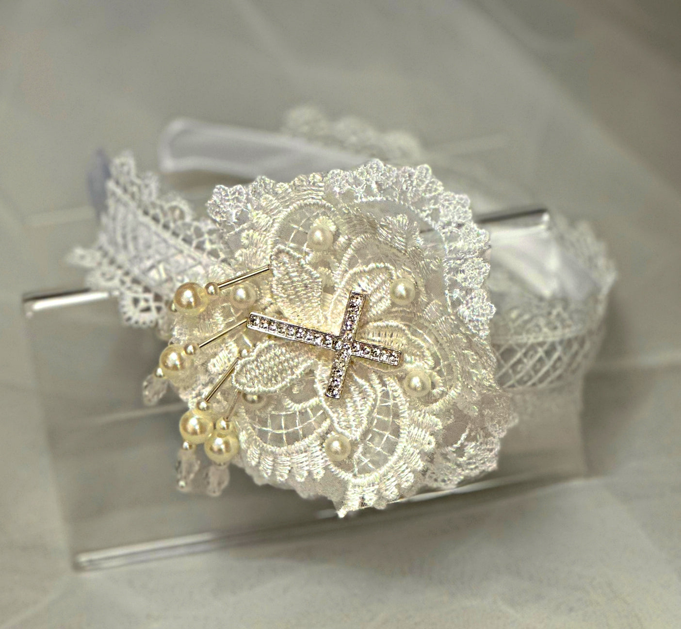 Satin Headband w/Beads/Cross