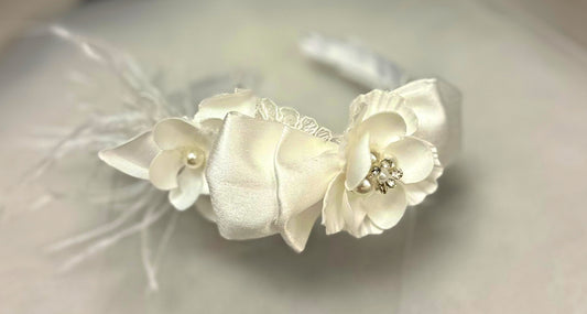 Satin Headband w/Bow/Feathers/Applique