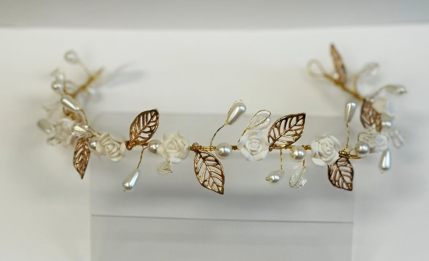 White Flowers/Gold Leaves Headband
