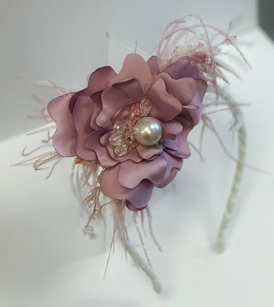 AB Fabric Headband w/Lg. Flower/Feathers/Crystals