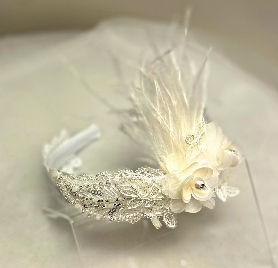 Satin Headband w/Feathers/Applique