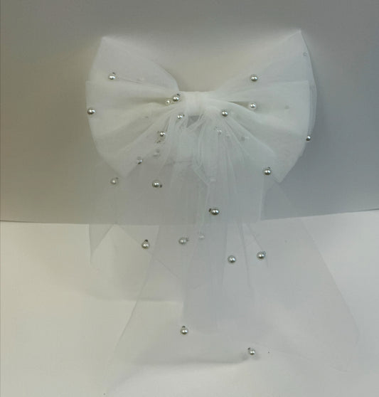 Sheer Hair Bow w/Pearls Clip