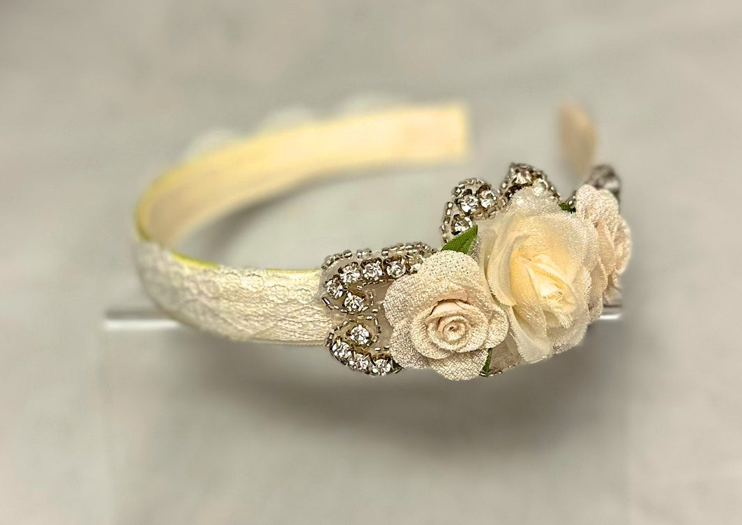 Ivory Headband w/Flowers/Rhinestone Applique