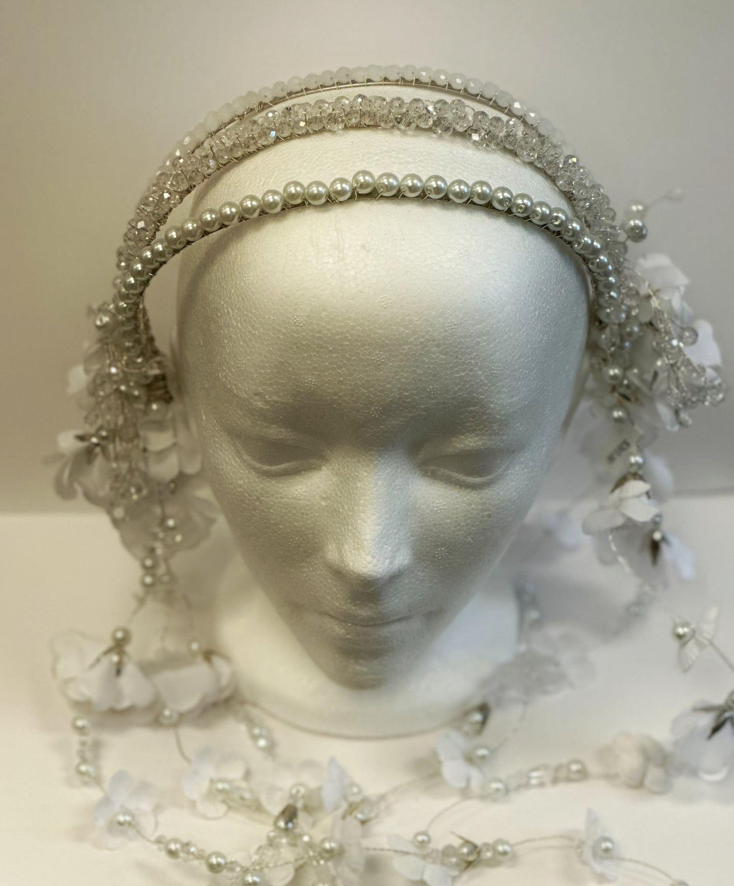 AB Beaded Hairband w/Falling Flowers, Pearls