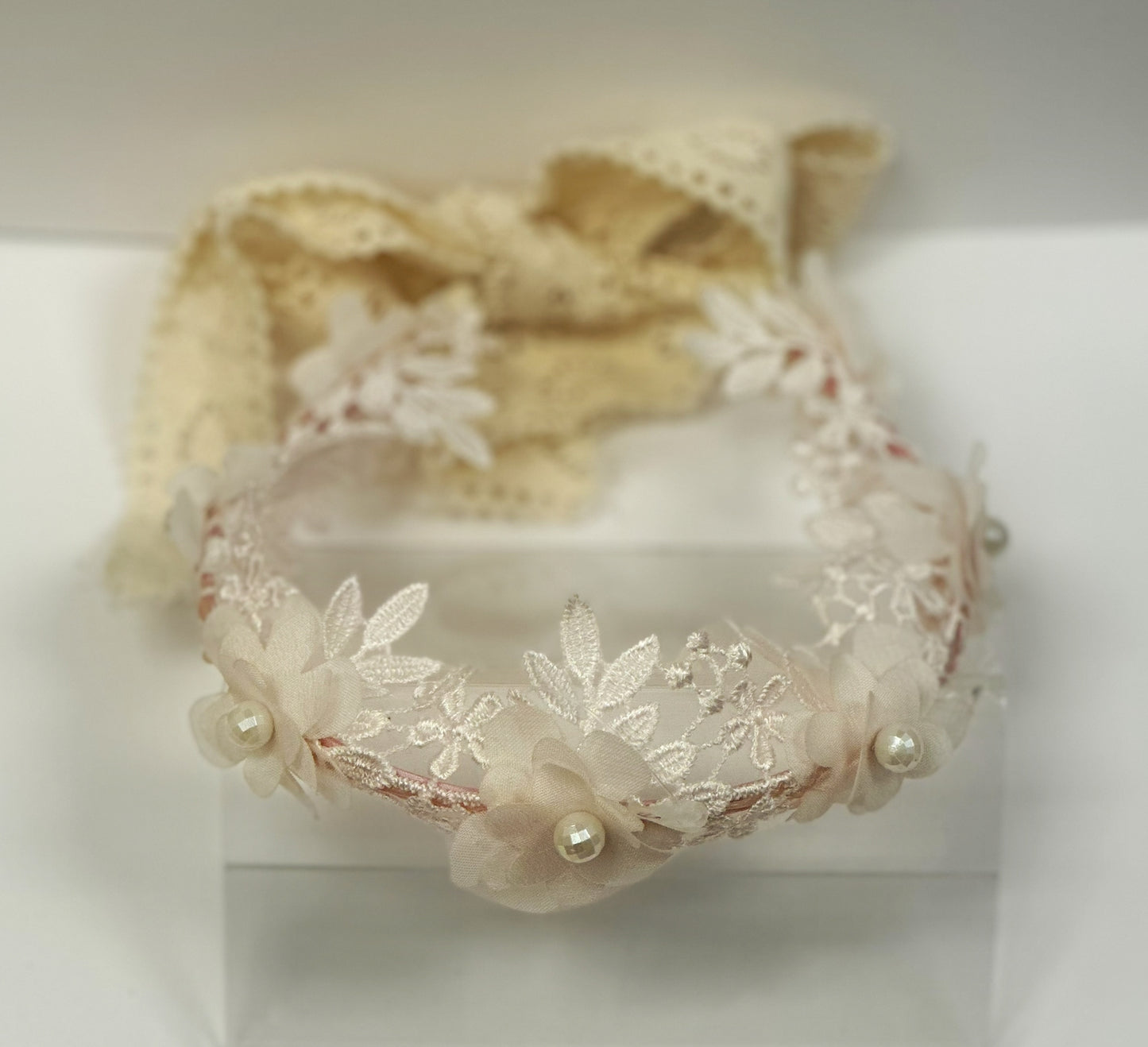 Blush Flower Hair Garland w/Lace/Pearl Accents