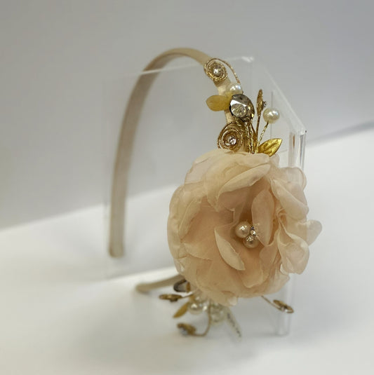 Champagne Satin Headband w/Flower/Gold Accents