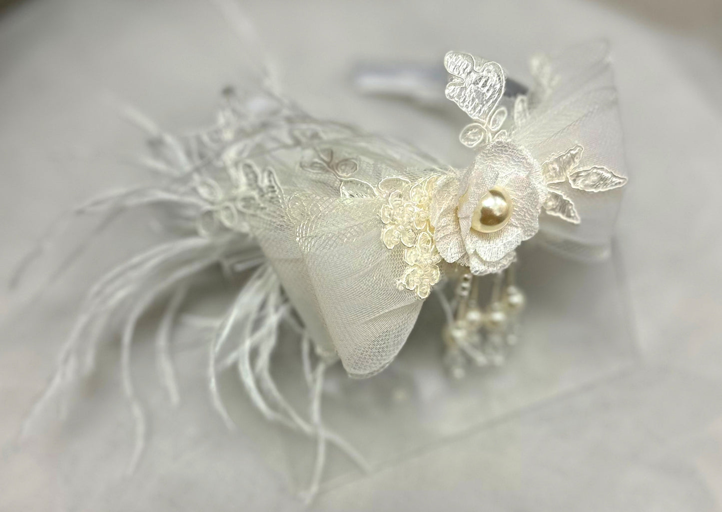 Satin Headband w/Sheer Bow/Beads/Feathers