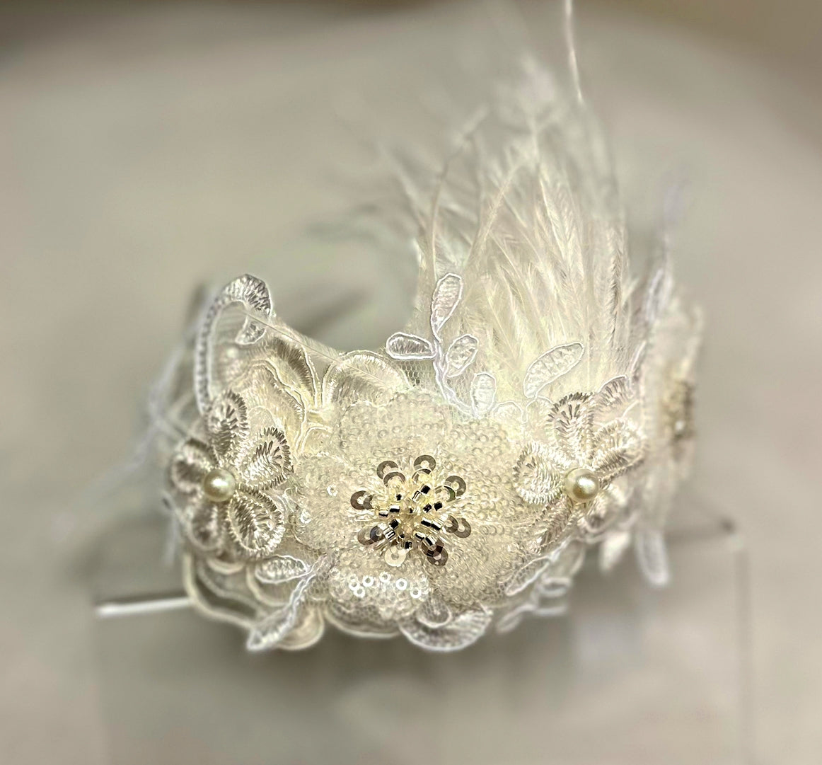Satin Headband w/Feathers/Applique