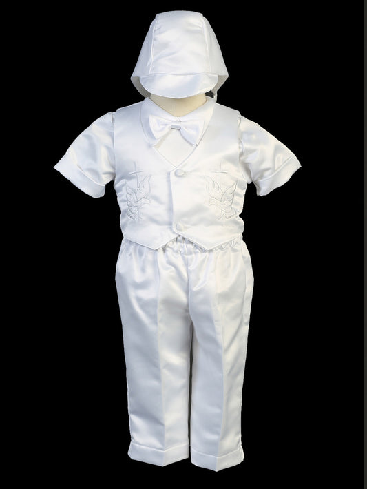 Boys Christening Long Pants Set with Dove and Cross Embroidery