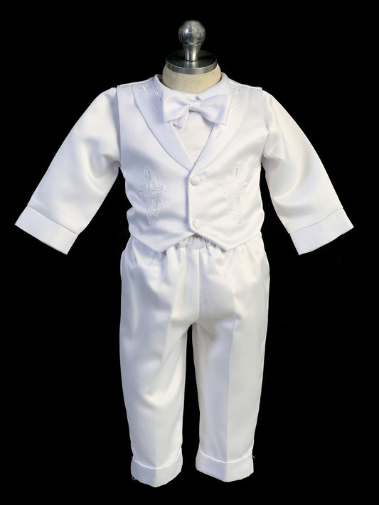 Boys Long Sleeved Baptism Outfit with Cross Embroidery on the Vest