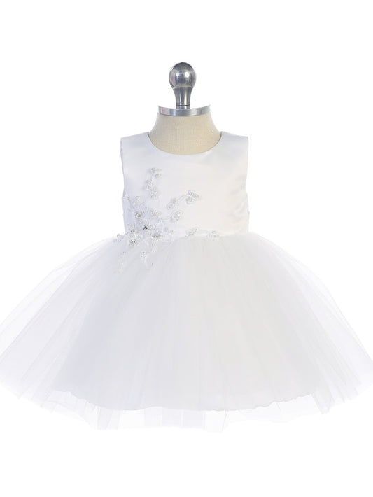 Infant Satin Bodice Dress with Lace Applique and Tulle Skirt