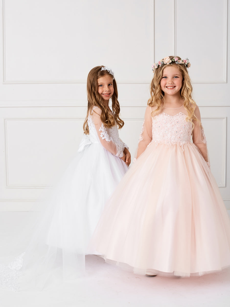 Stunning Flower Girl Dress with Lace Applique on the Sleeves and Bodice