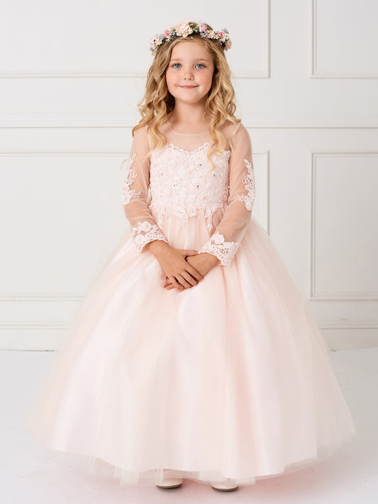 Stunning Flower Girl Dress with Lace Applique on the Sleeves and Bodice