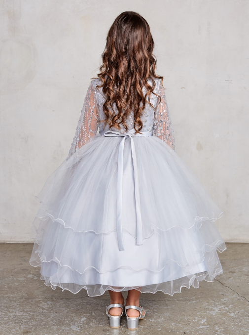 Girls Long Sleeve Glitter Dress with Layered Ruffled Skirt
