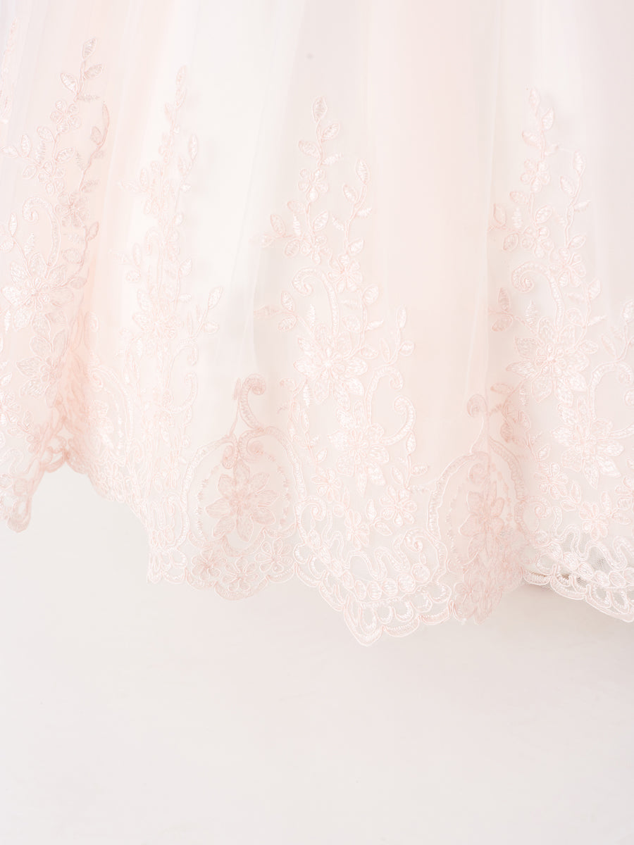 Illusion neckline bodice with lace applique