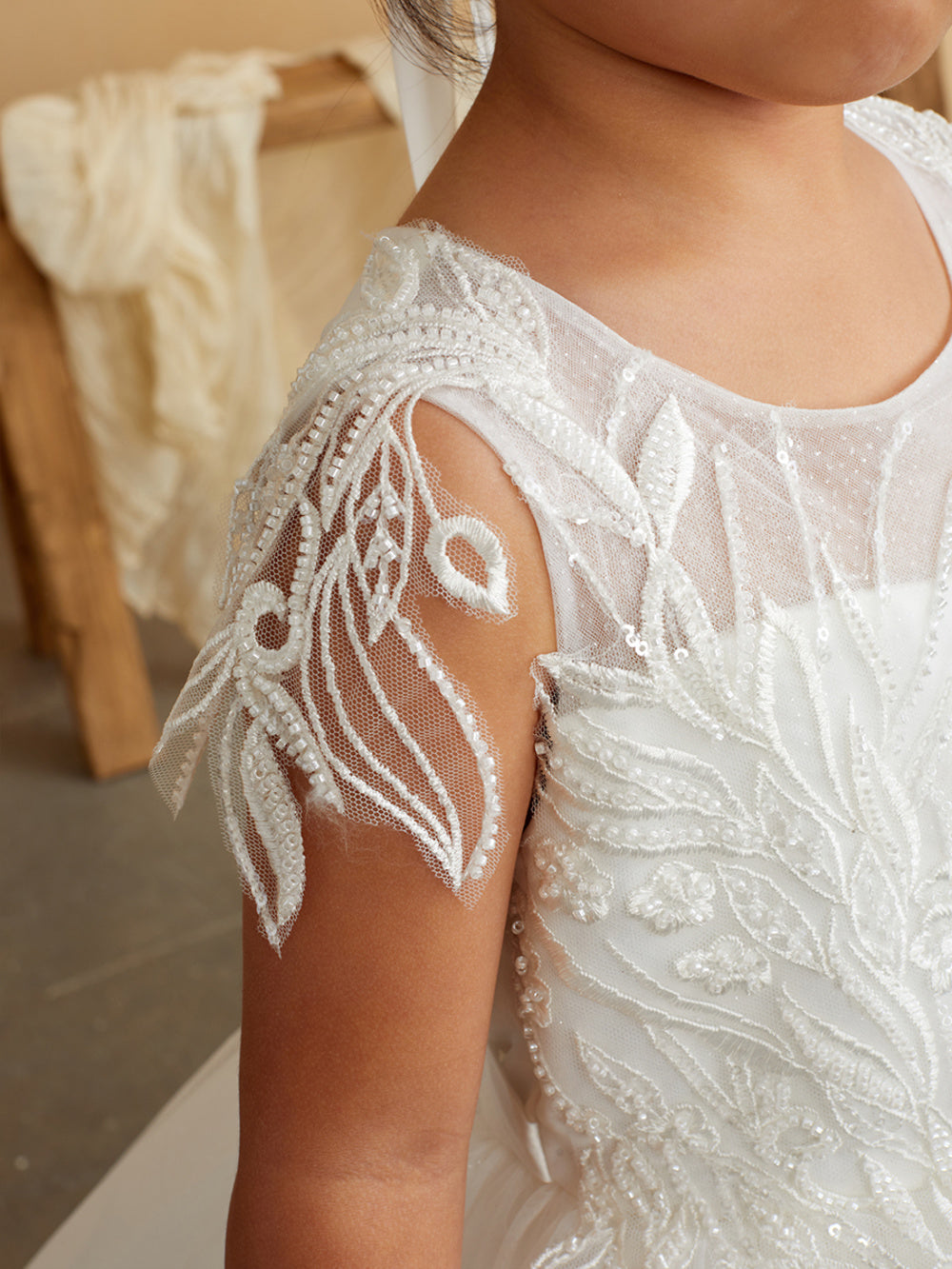 Girls Sequin Applique Dress with Shoulder Accent