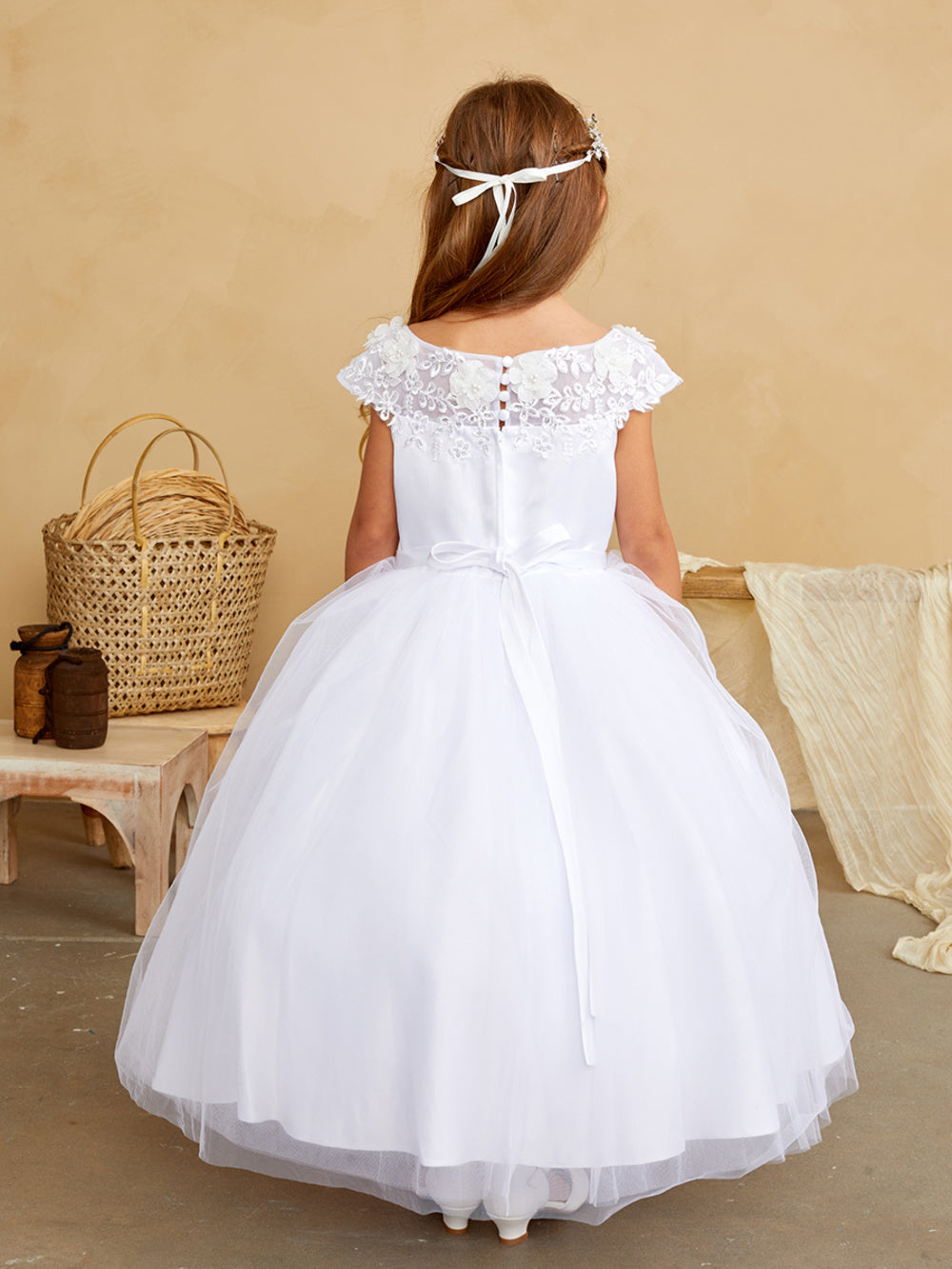 Girls Illusion boat neckline with lace applique and mesh skirt