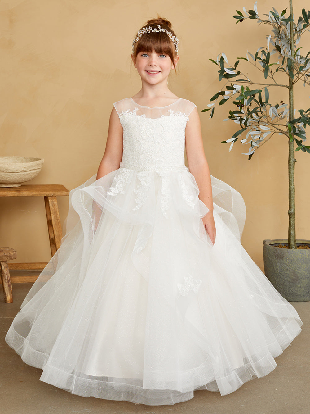 Girls Gorgeous Lace Bodice with a Sparkling Glitter Tulle Layered Horse Hair Trim Skirt with Scattered Lace