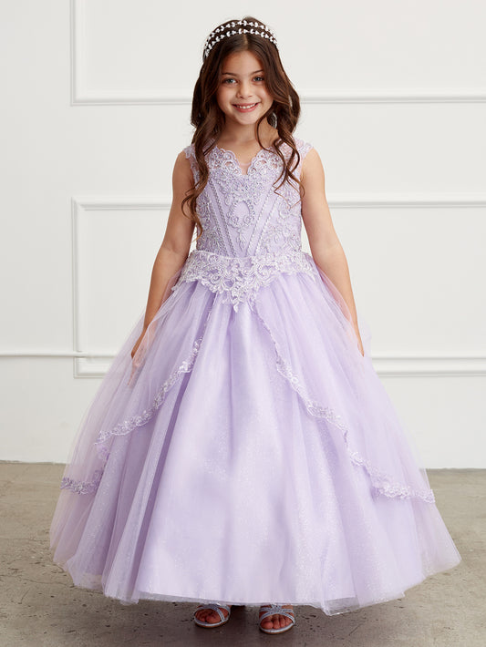 Girls Illusion Neckline with Lace Applique with Split Lace Tulle Skirt