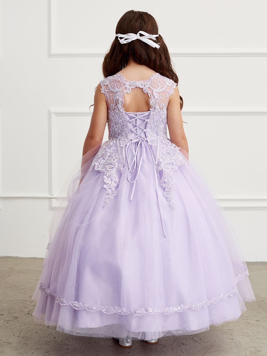 Girls Illusion Neckline with Lace Applique with Split Lace Tulle Skirt