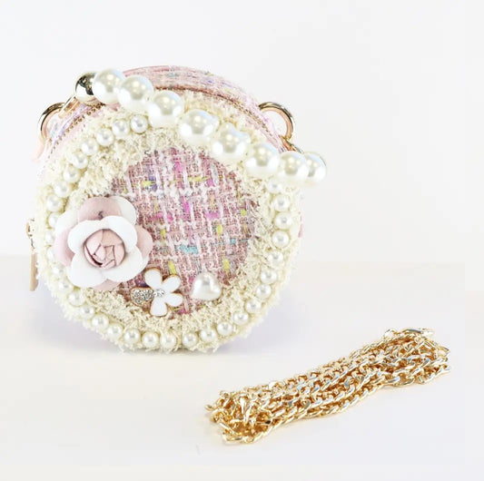 Pink Pearl Trim Round Tweed Purse