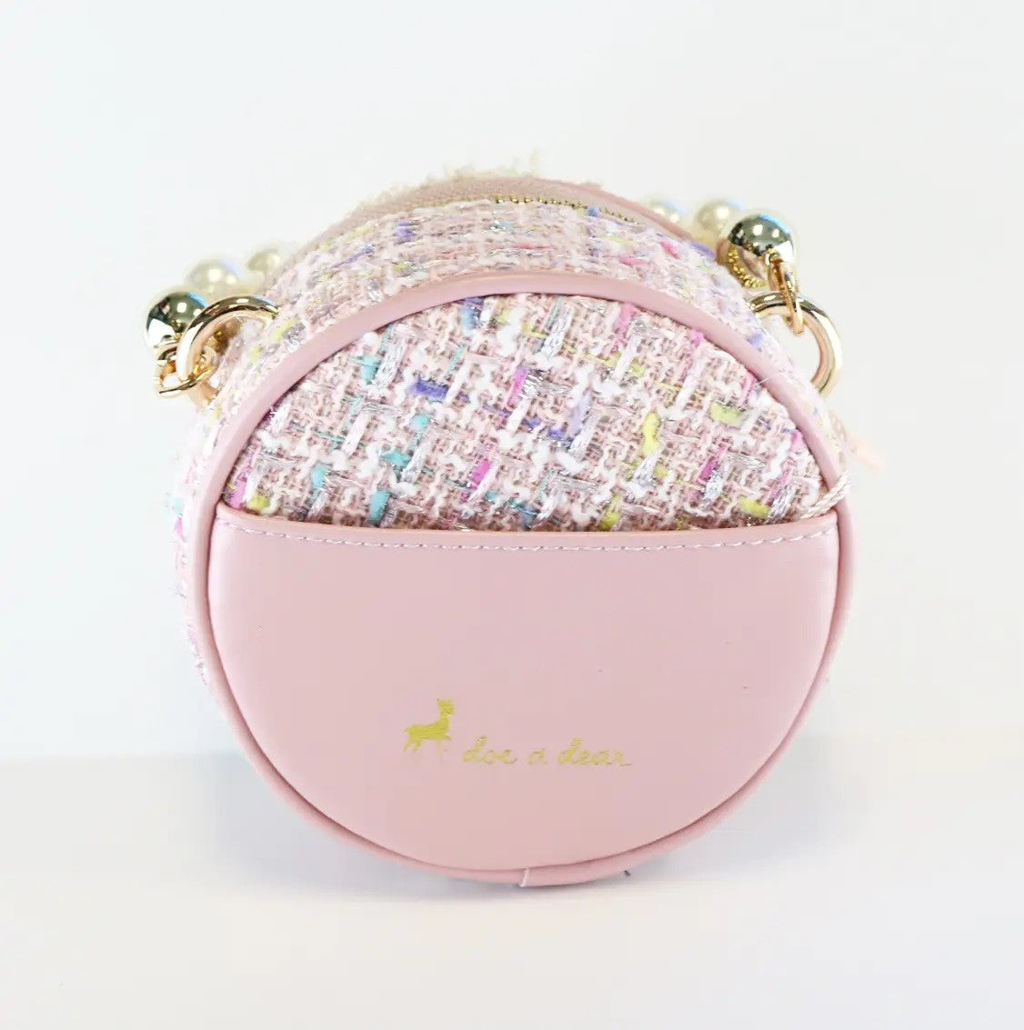 Pink Pearl Trim Round Tweed Purse