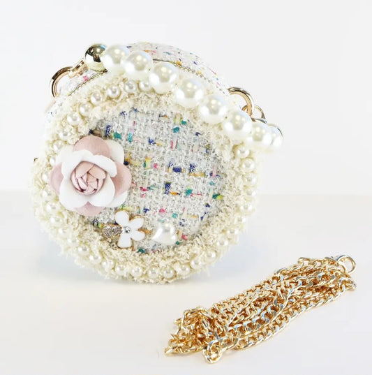 Beige Pearl Trim Round Tweed Purse