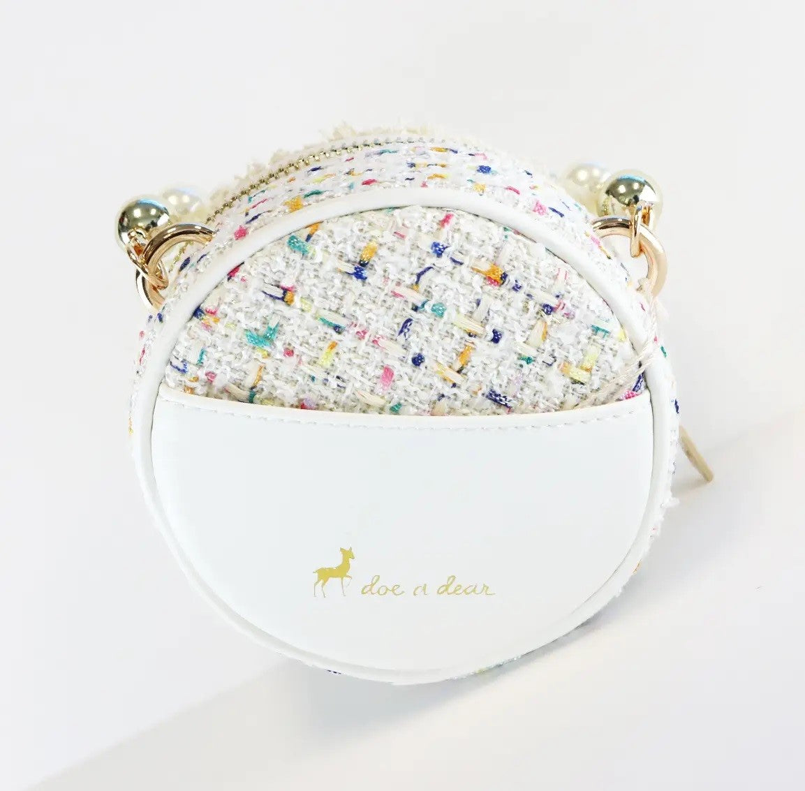 Beige Pearl Trim Round Tweed Purse