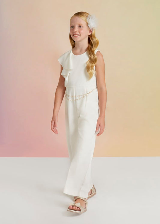 Abel & Lula Long plain crepe jumpsuit with ruffle on the shoulder