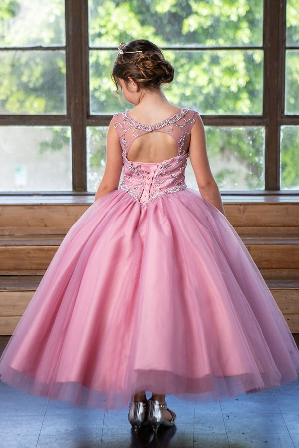 Girls Jeweled Illlusion Bodice Tulle Gown
