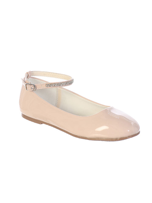 Girls Shiny Patent Leather Flats with a Rhinestone Ankle Strap