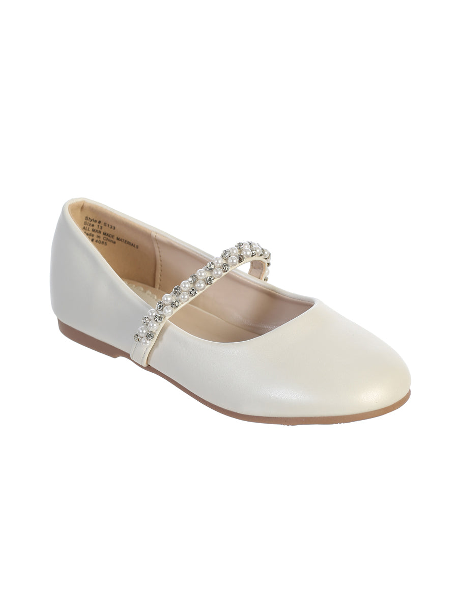 Leatherette Flats with Rhinestone and Pearl Strap