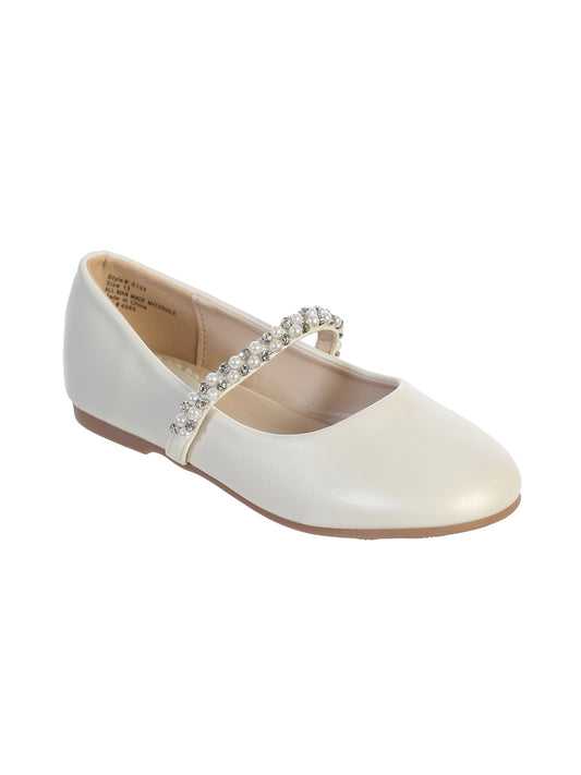 Leatherette Flats with Rhinestone and Pearl Strap