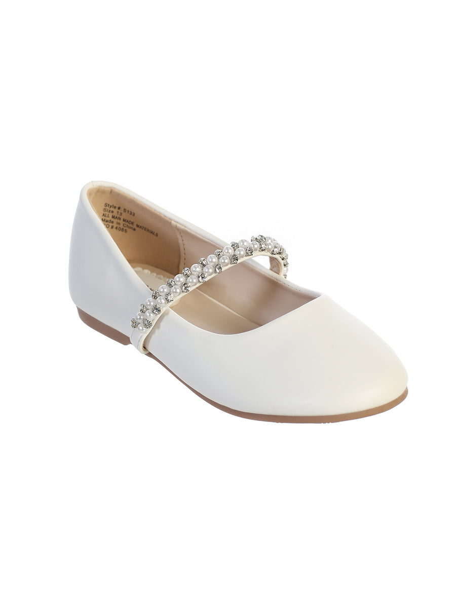 Leatherette Flats with Rhinestone and Pearl Strap