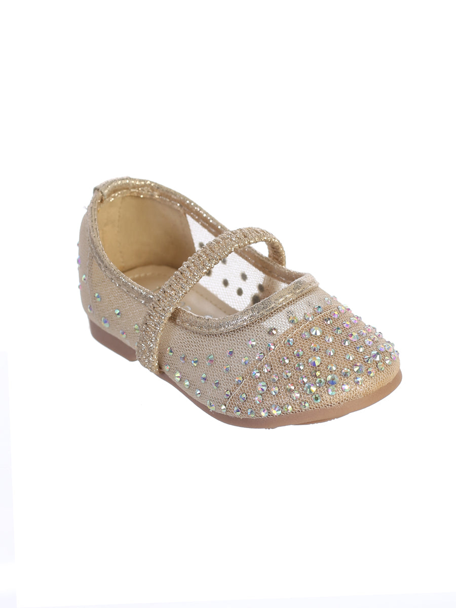 Girls Rhinestone Studded Mesh Flats with a Elastic Strap