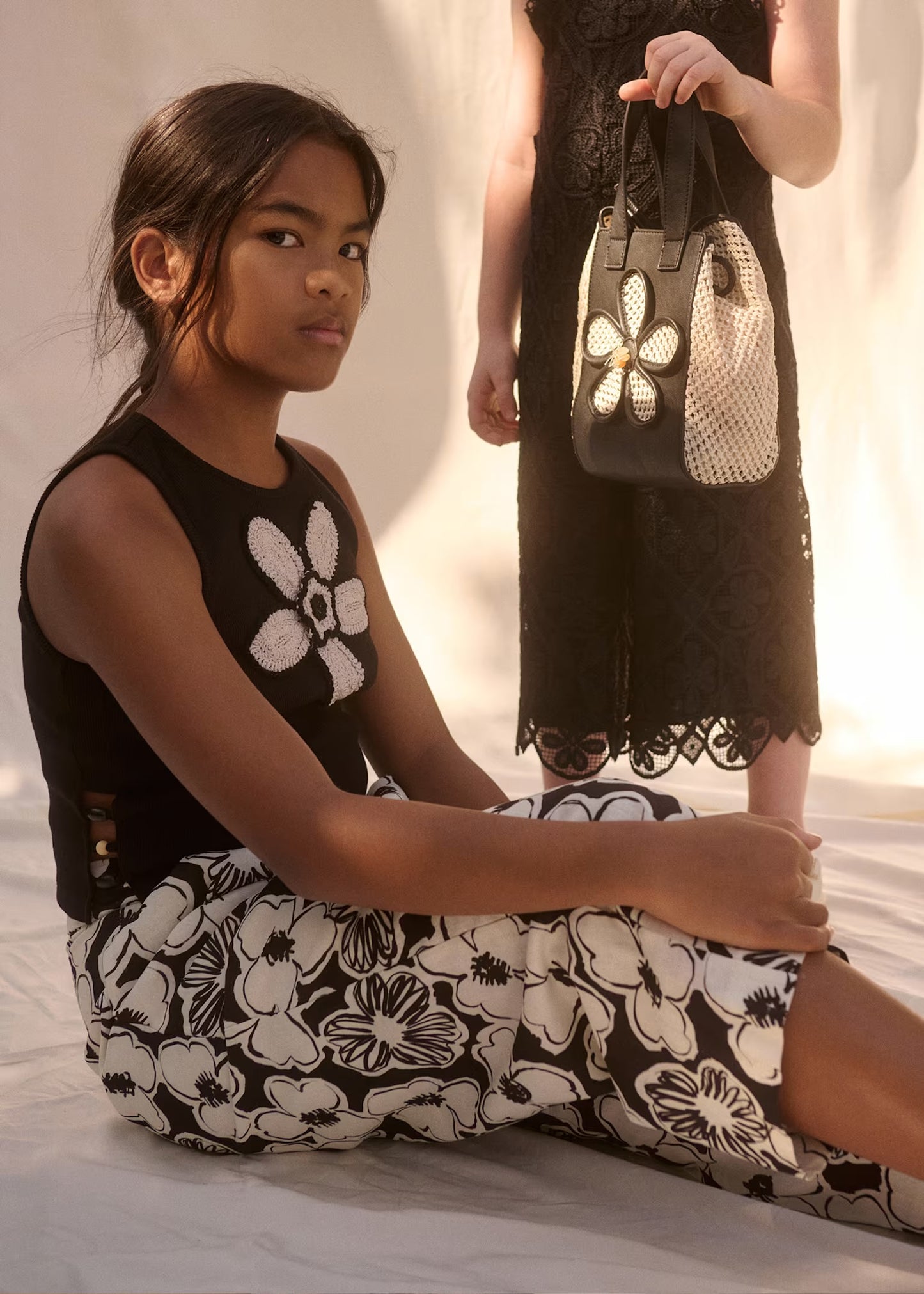 Abel & Lula Girl Floral Crochet Knit Top/Printed Culotte Pants