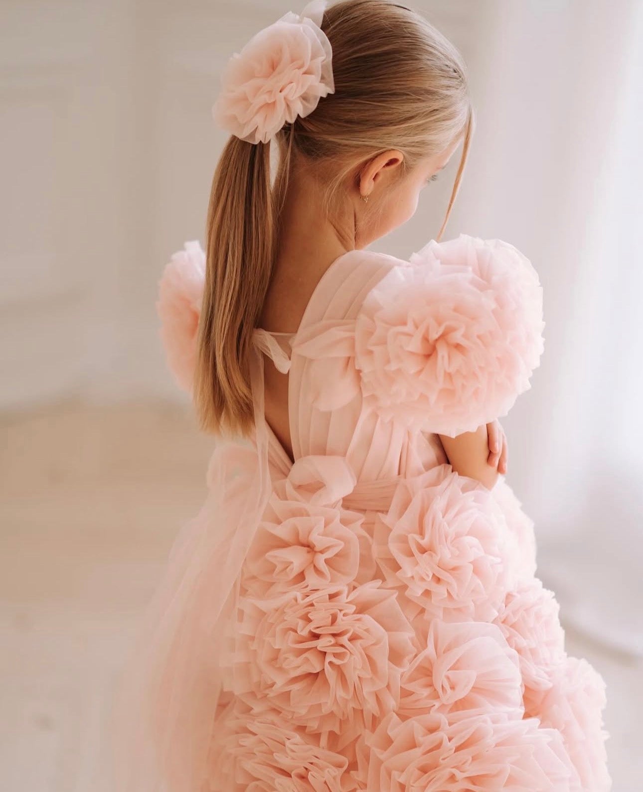 Girls Tulle Dress w/3D Rosettes, Matching Clip