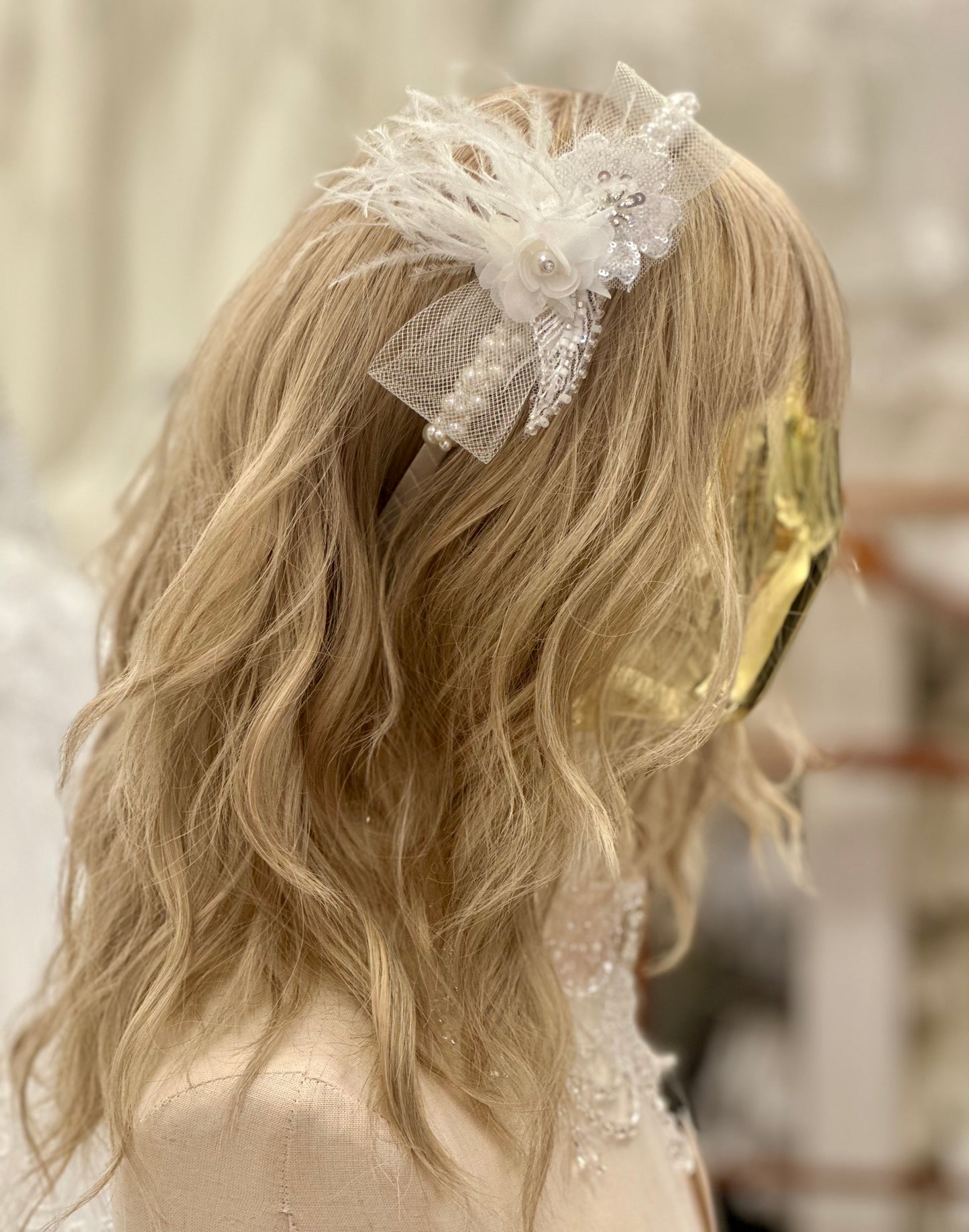 Pearl Headband w/Feathers/Flowers
