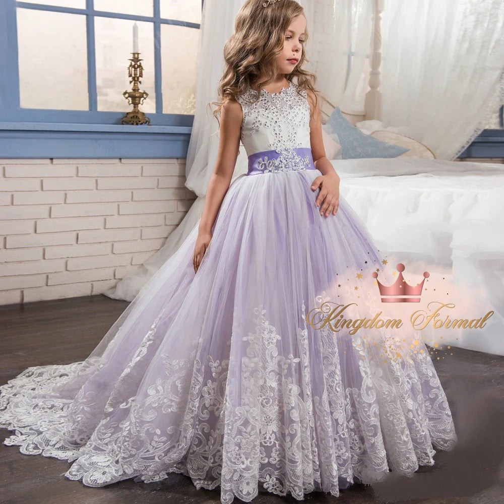 Girls Lavender Lace Flower Girl Dress