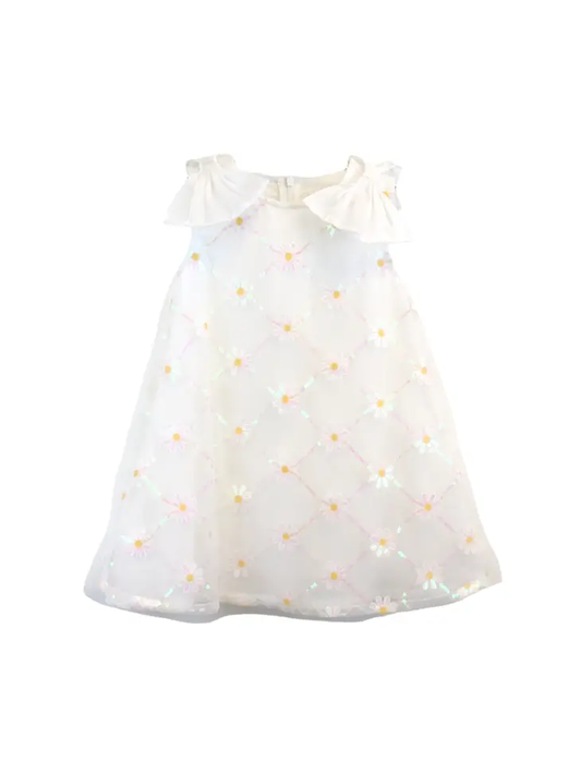 Girls White Sequin Floral Mesh Dress